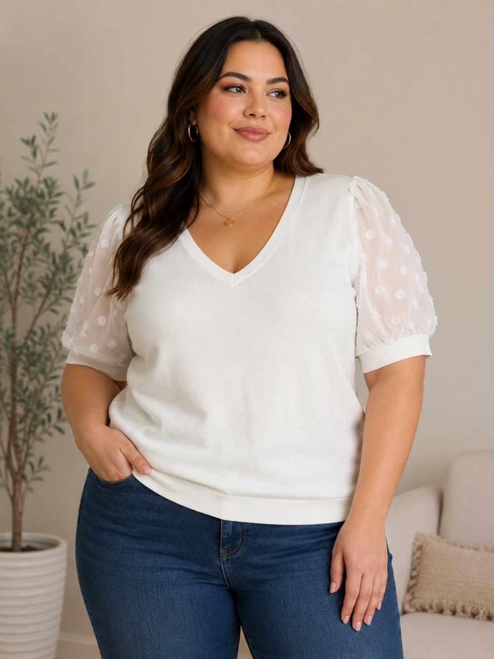Adrienne Papell PLUS White sweater 3/4 sheer detailed sleeves and V-neck 1X NWT